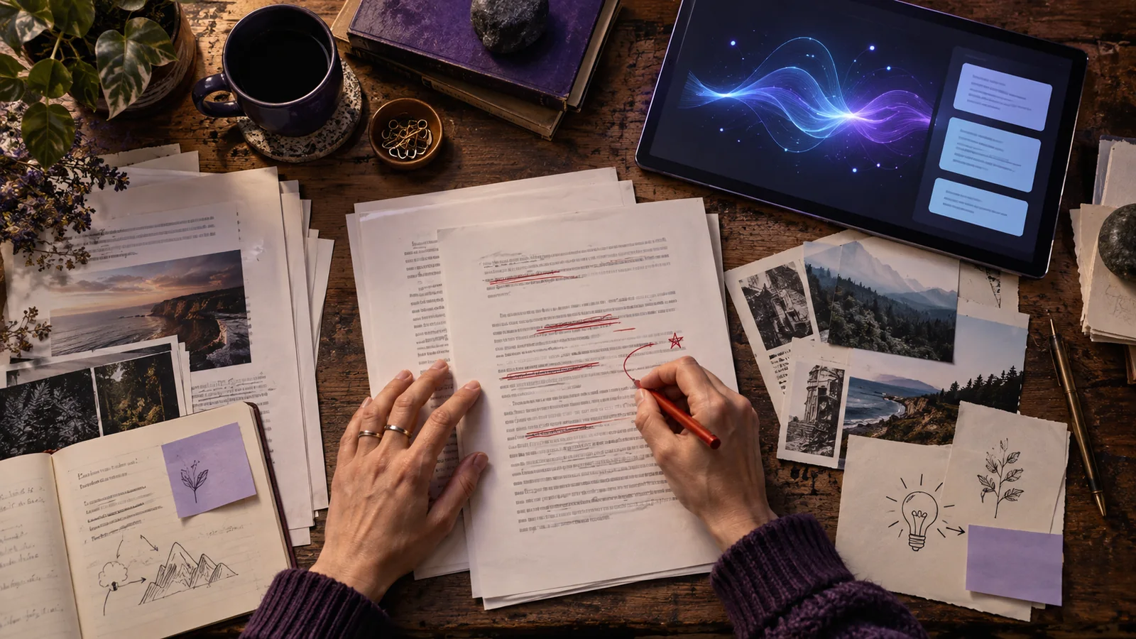 AI Content SEO: Human editor reviewing and improving AI-assisted content with research and handwritten notes