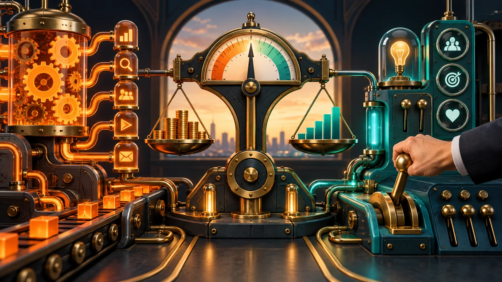 AI in PPC: Mechanical control system balancing automated paid-media decisions with human judgement