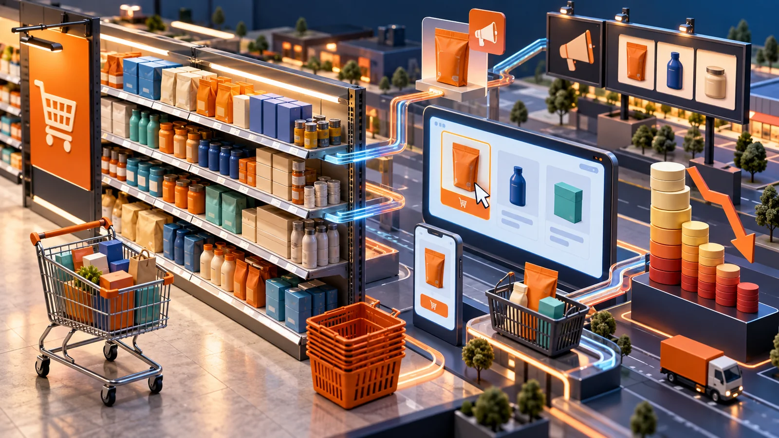 Retail Media Networks: Miniature retail ecosystem connecting store shelves, ecommerce placements, baskets and margin