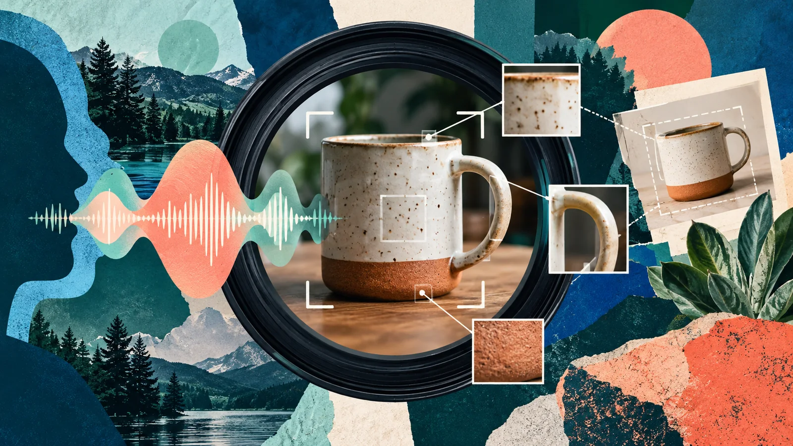 Mixed-media camera lens, voice waveform and visual-recognition details illustrating multimodal search