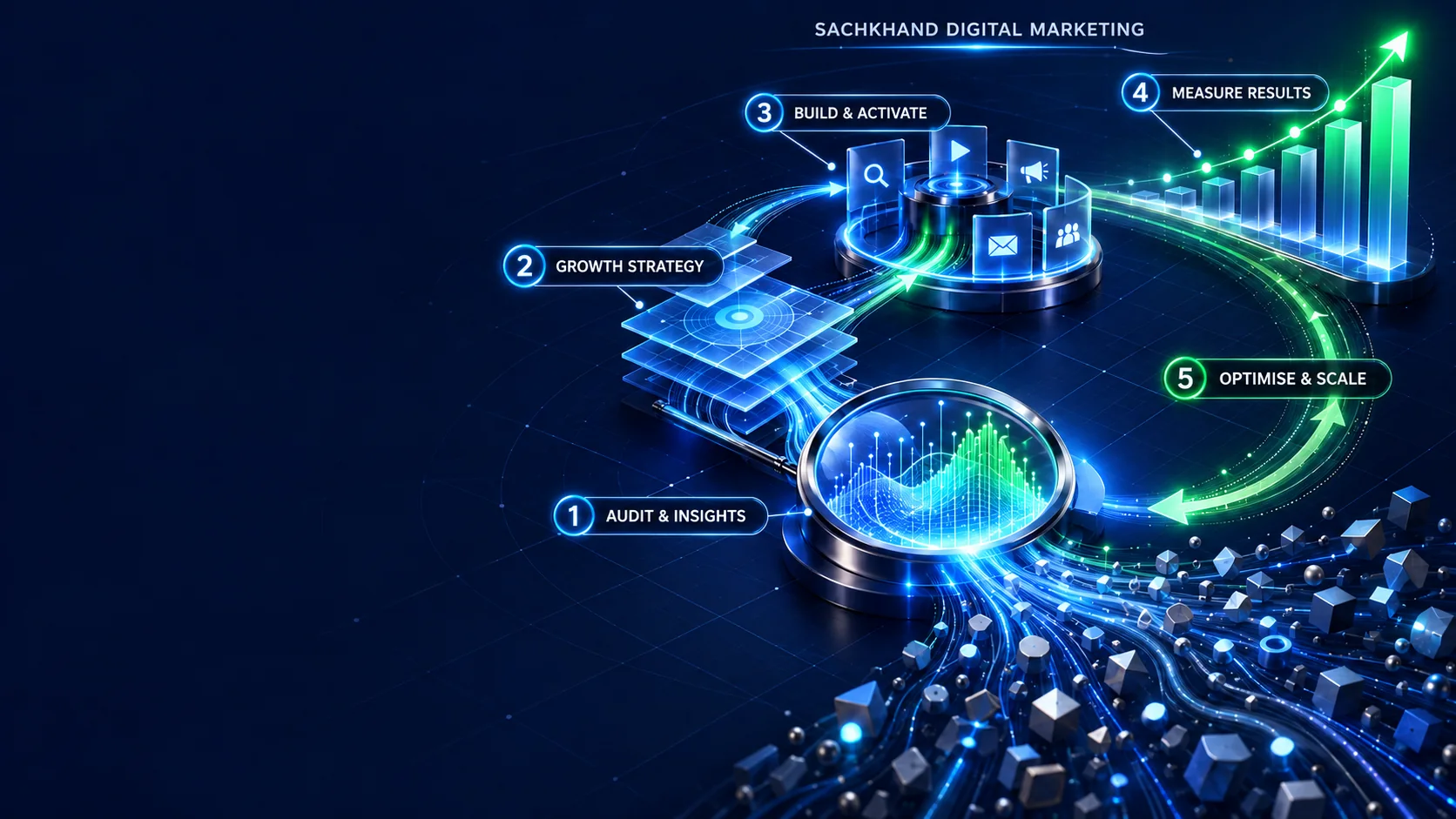 Sachkhand Digital Marketing growth process: Audit and Insights, Growth Strategy, Build and Activate, Measure Results, then Optimise and Scale
