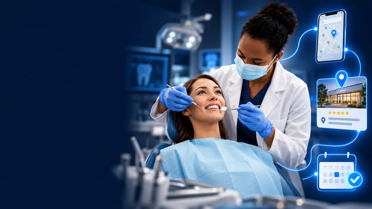 SEO for Dentists: Dental SEO services showing local patient search, dental treatment and appointment booking