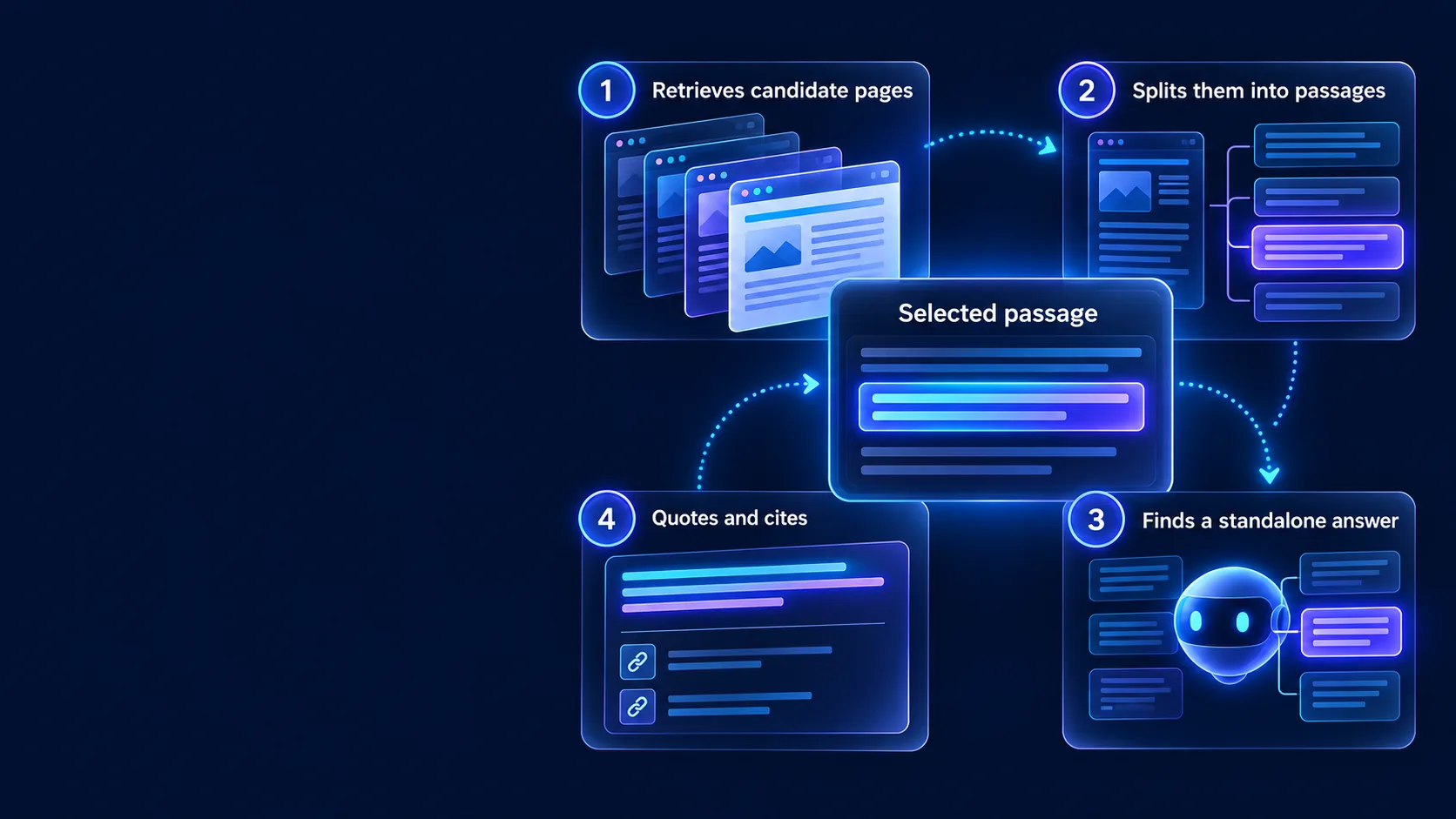 AI content selection process: retrieves pages, splits passages, selects an answer and cites it.