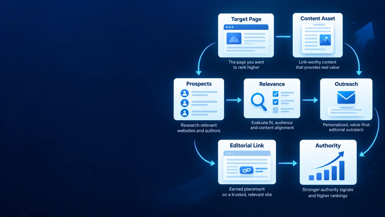 Ethical link building process showing target pages, prospect research, relevance review, outreach, editorial links and authority growth
