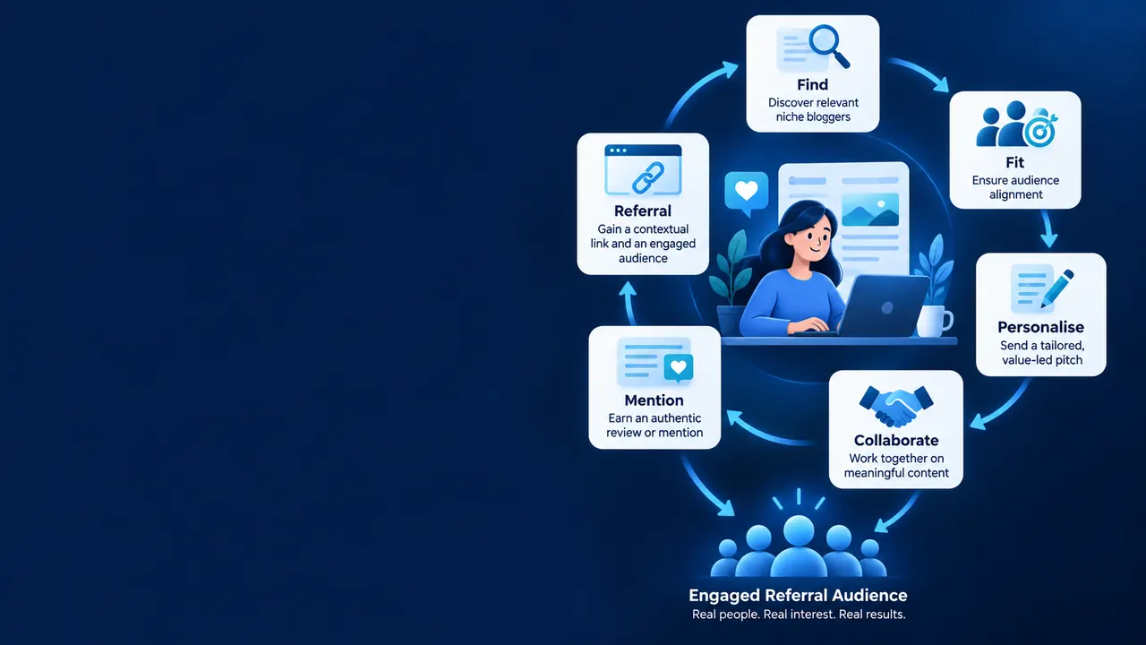 Blogger outreach process showing niche discovery, audience fit, personalised pitching, collaboration, authentic mentions and referral visitors