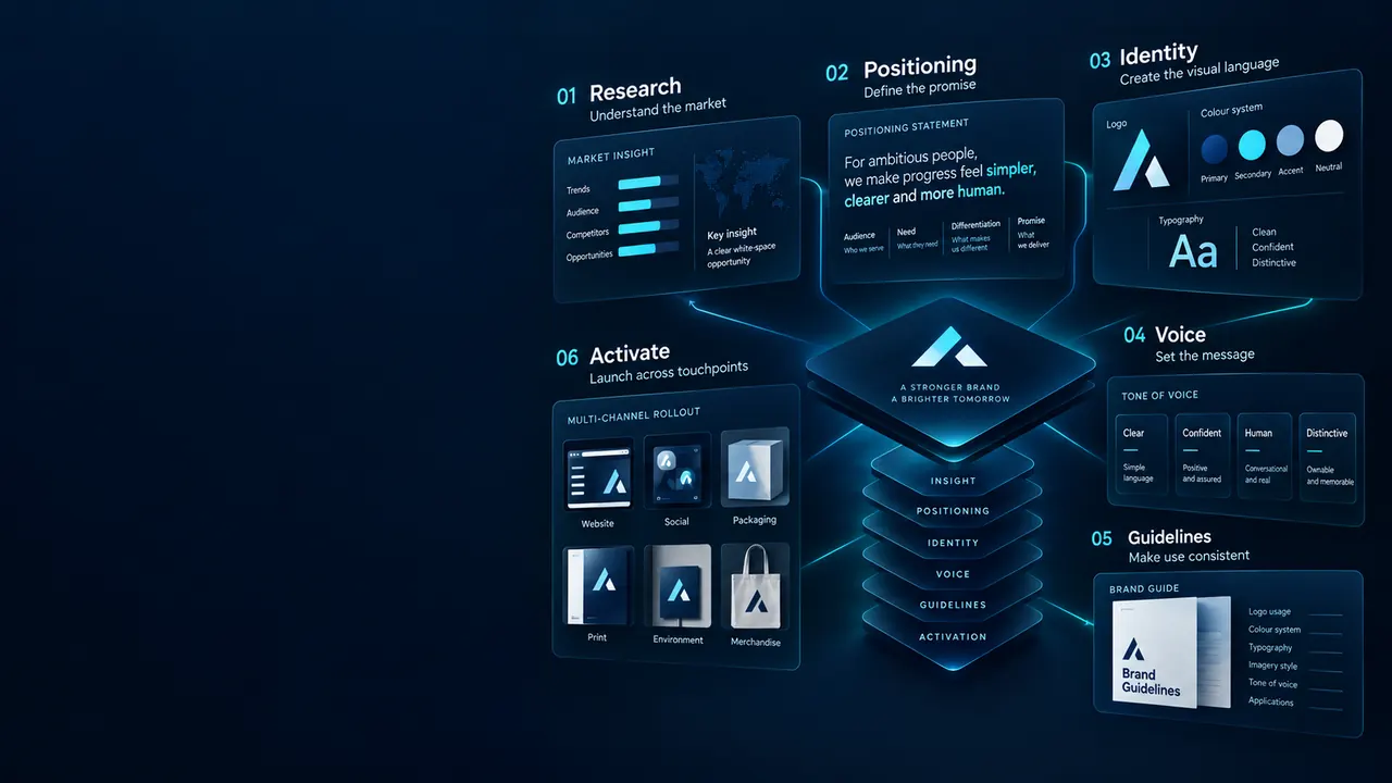 Branding & Brand Identity Design Services: Branding process showing market research, positioning, visual identity, brand voice, guidelines and activation