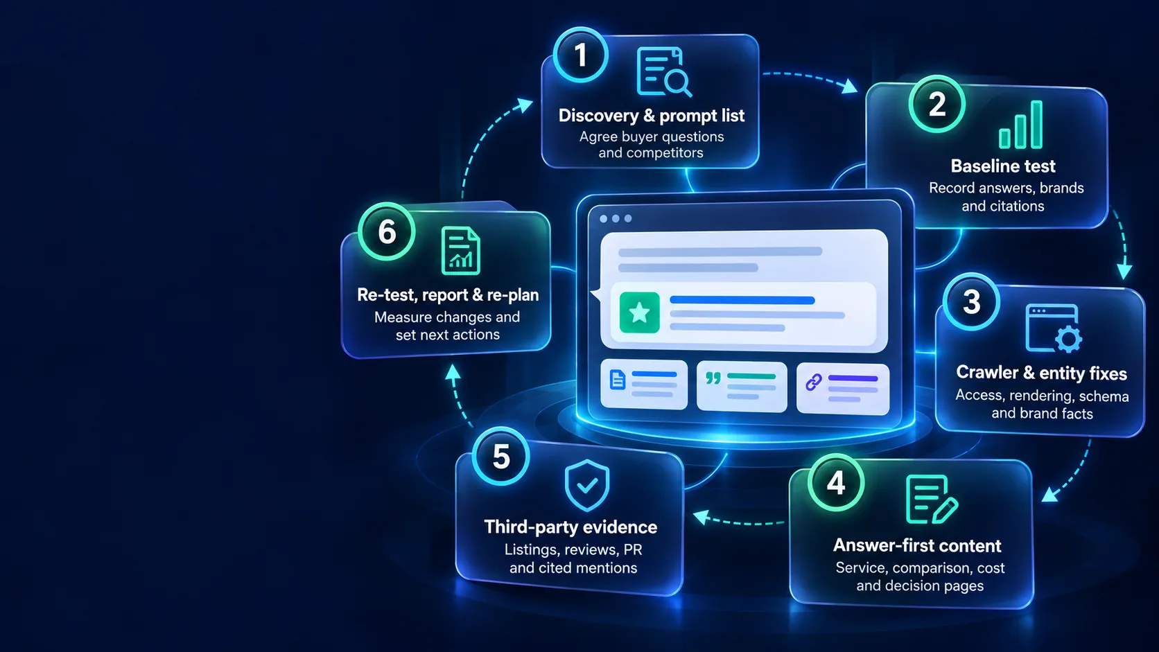 ChatGPT and LLM optimisation process: discovery and prompt list, baseline testing, crawler and entity fixes, answer-first content, third-party evidence, then re-testing and reporting.
