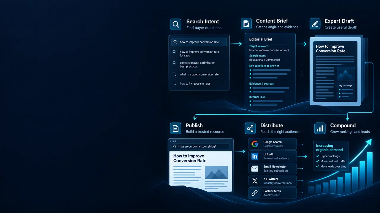 Content marketing process map showing research, planning, creation, publishing, distribution and conversion