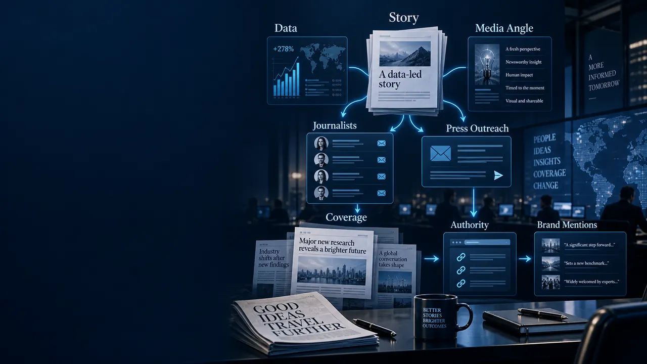 Digital PR process showing data-led stories, media angles, journalist outreach, online coverage and authority links