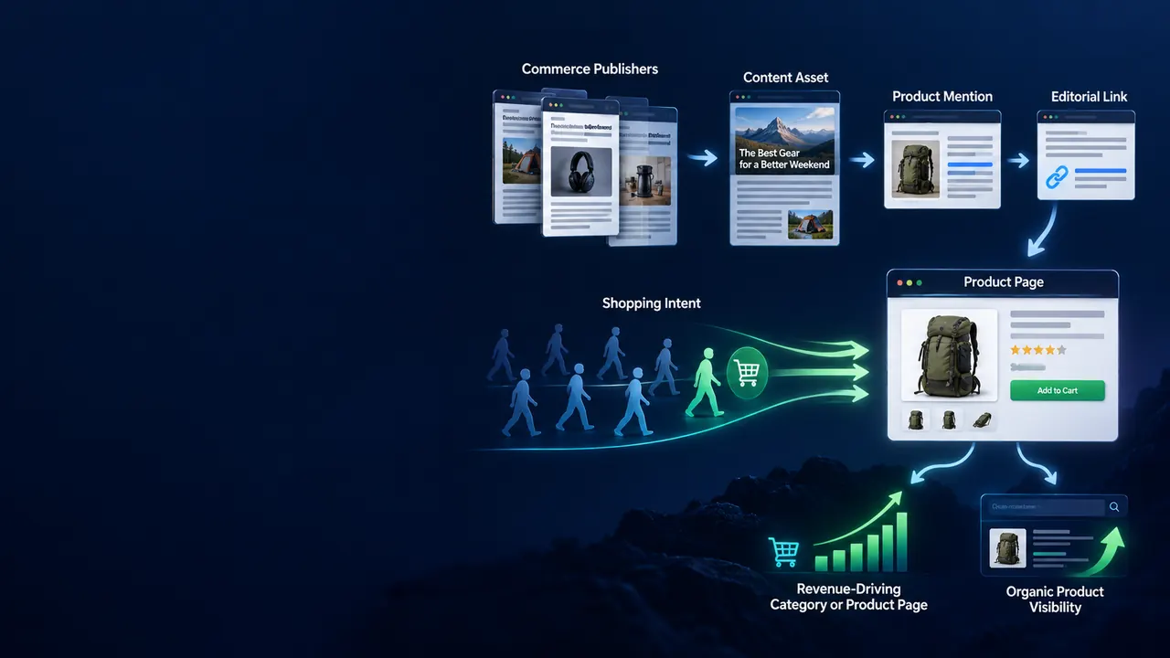 Ecommerce Link Building Services: Ecommerce backlink process showing product page targeting, commerce publisher research, product mentions, editorial links and shopping-intent traffic