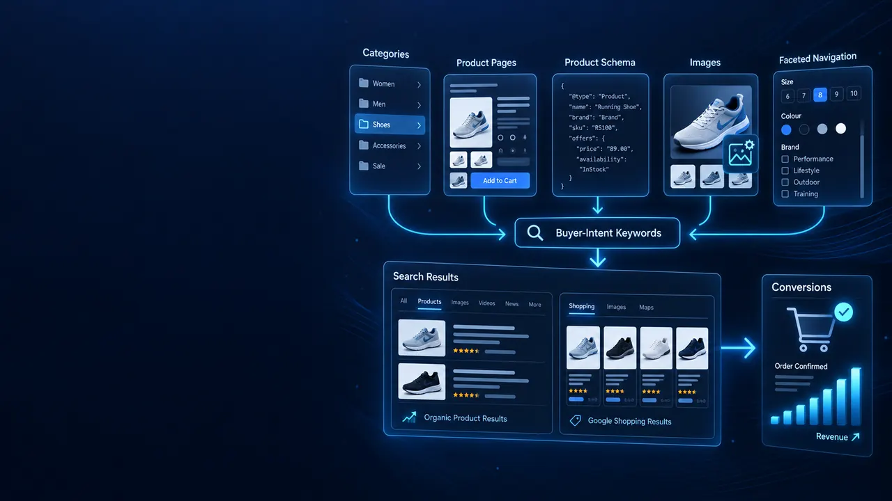 Ecommerce SEO process showing category architecture, product pages, product schema, image optimisation, search results and conversions