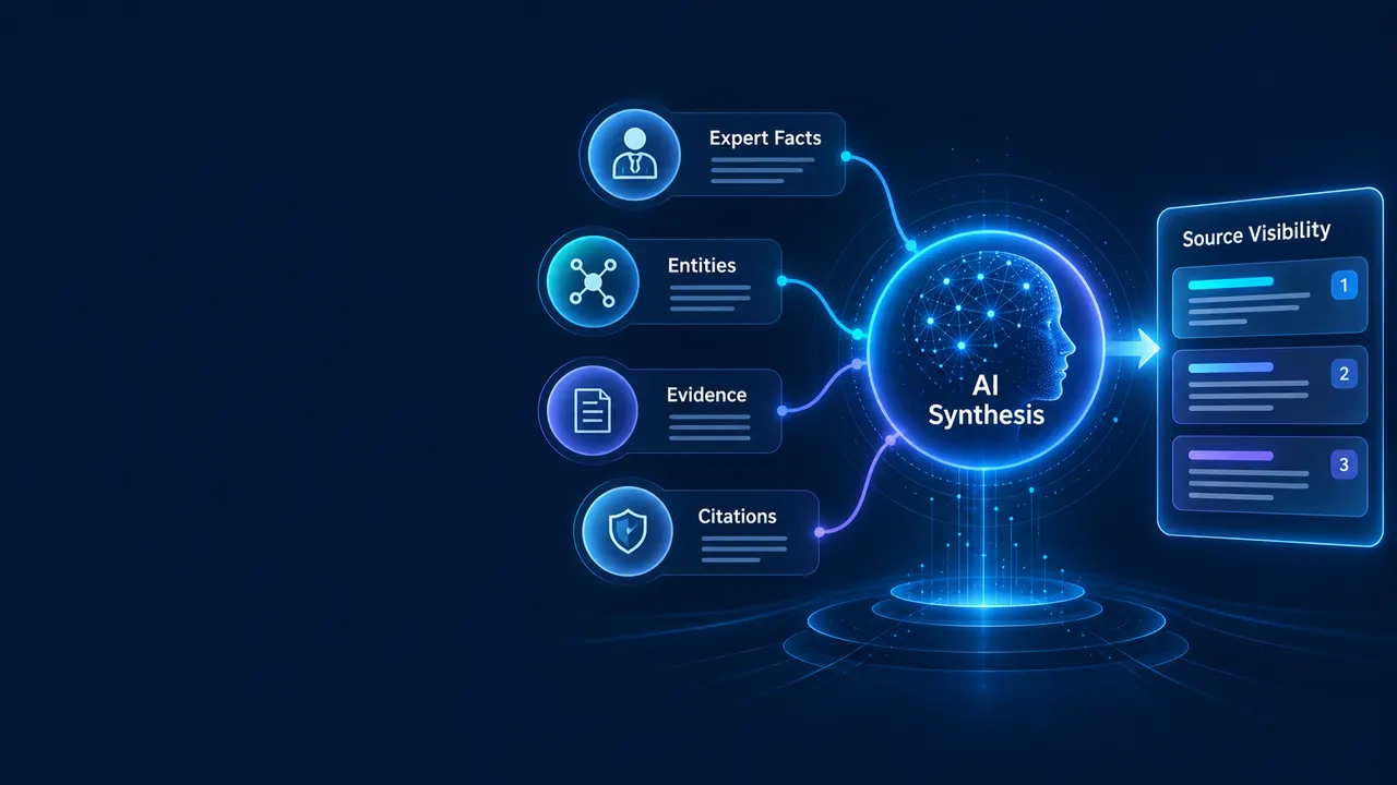 Generative Engine Optimization (GEO) Services: Generative engine optimisation process showing expert facts, entities, evidence, citations, AI answer synthesis and source visibility