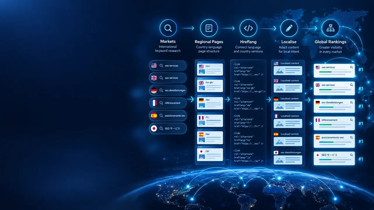 Global SEO process showing market research, hreflang implementation, localised pages, regional sitemaps and international search rankings