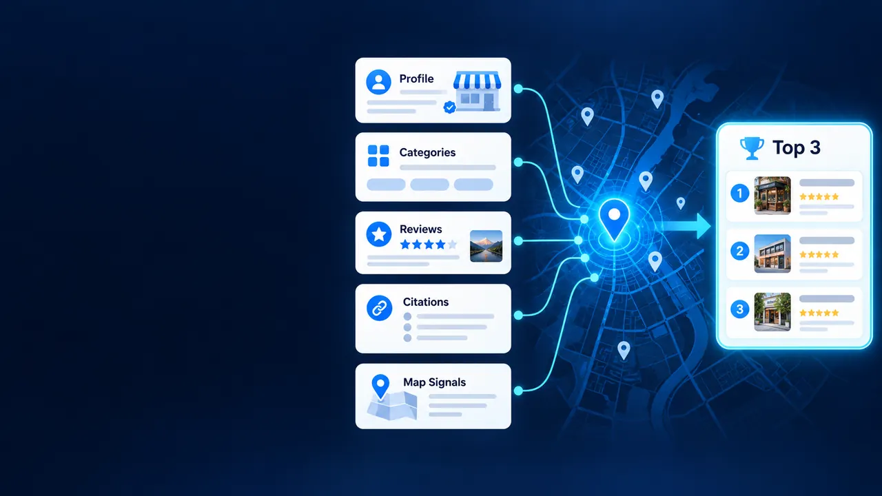 Google Business Profile Optimization Services: Google Maps SEO process showing business profile, categories, reviews, citations, map signals and top-three local rankings