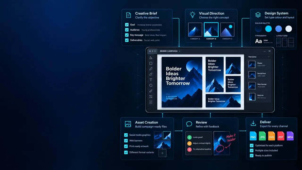 Graphic design process showing creative brief, visual direction, design system, asset creation, review and multi-channel delivery