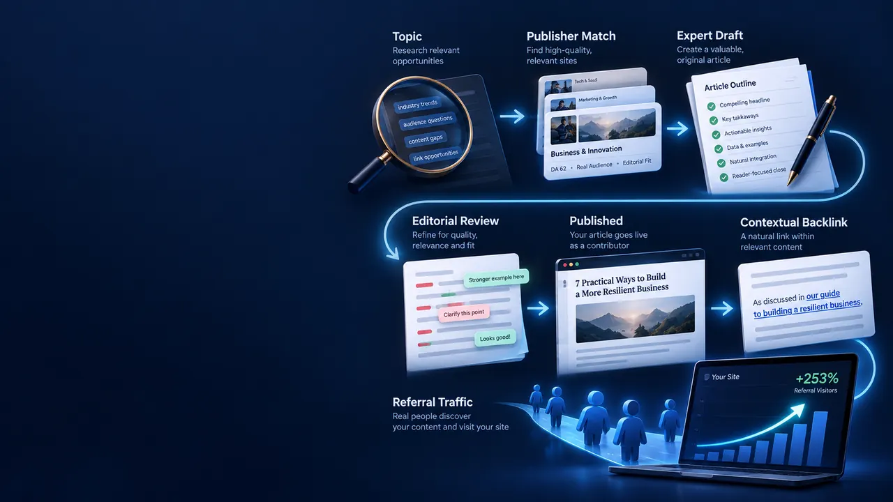 Guest post outreach process showing topic research, publisher matching, expert drafting, editorial review, publication and referral traffic