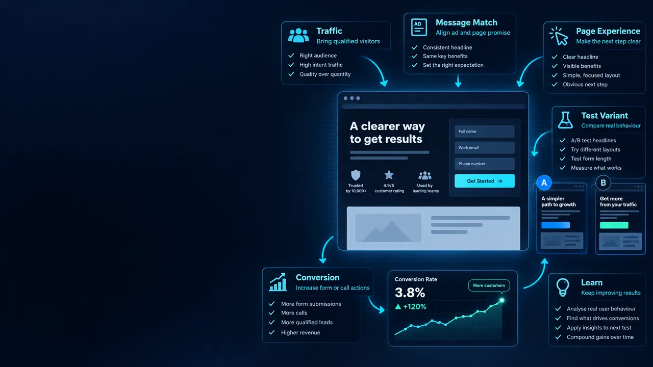 Landing page optimisation process showing qualified traffic, message match, page experience, A B testing, conversion and learning