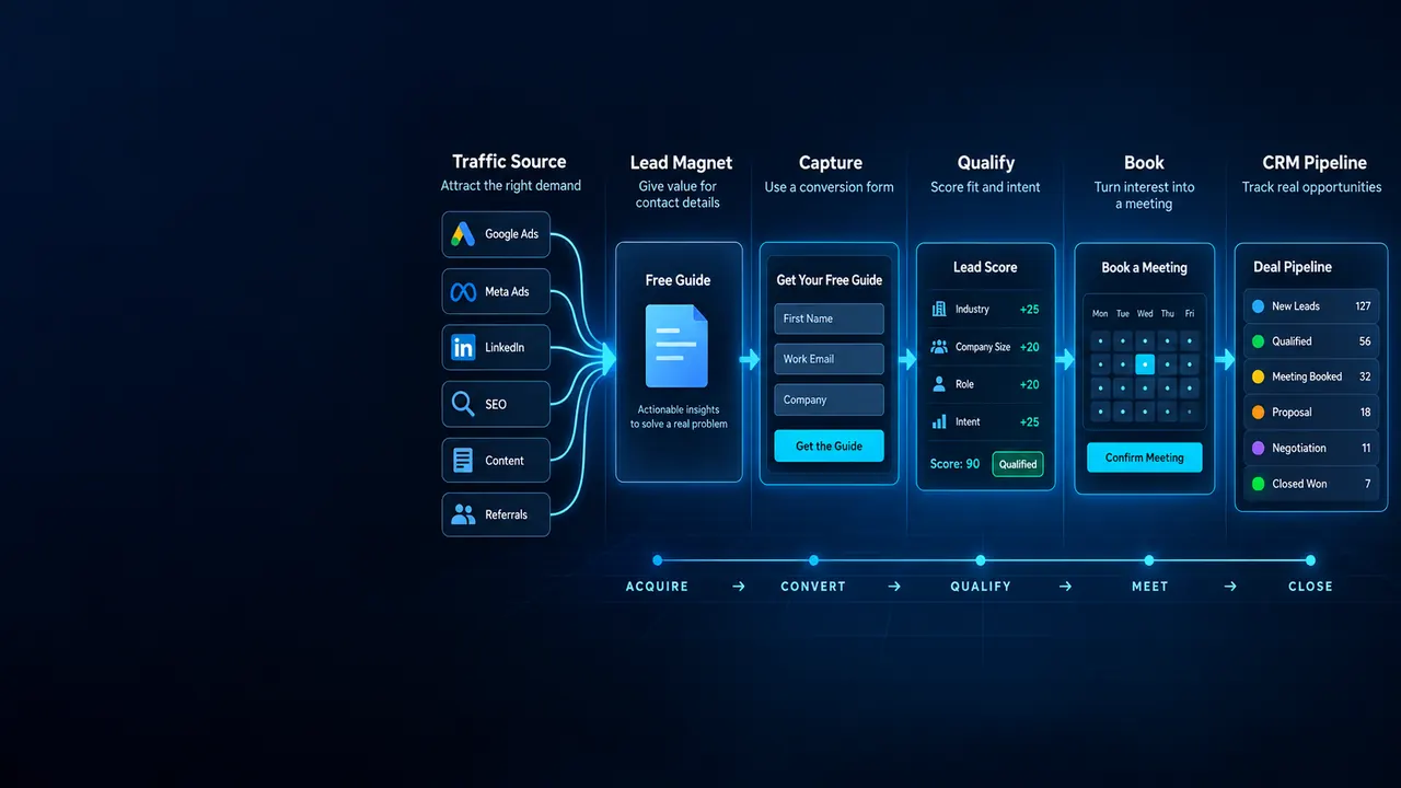 Lead generation process showing traffic sources, lead magnet, contact capture, qualification, meeting booking and CRM opportunities