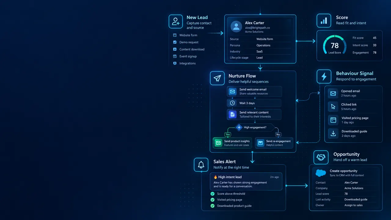 Lead Nurturing & Marketing Automation: Lead nurturing automation process showing lead capture, scoring, nurture flows, engagement signals, sales alerts and warm opportunities