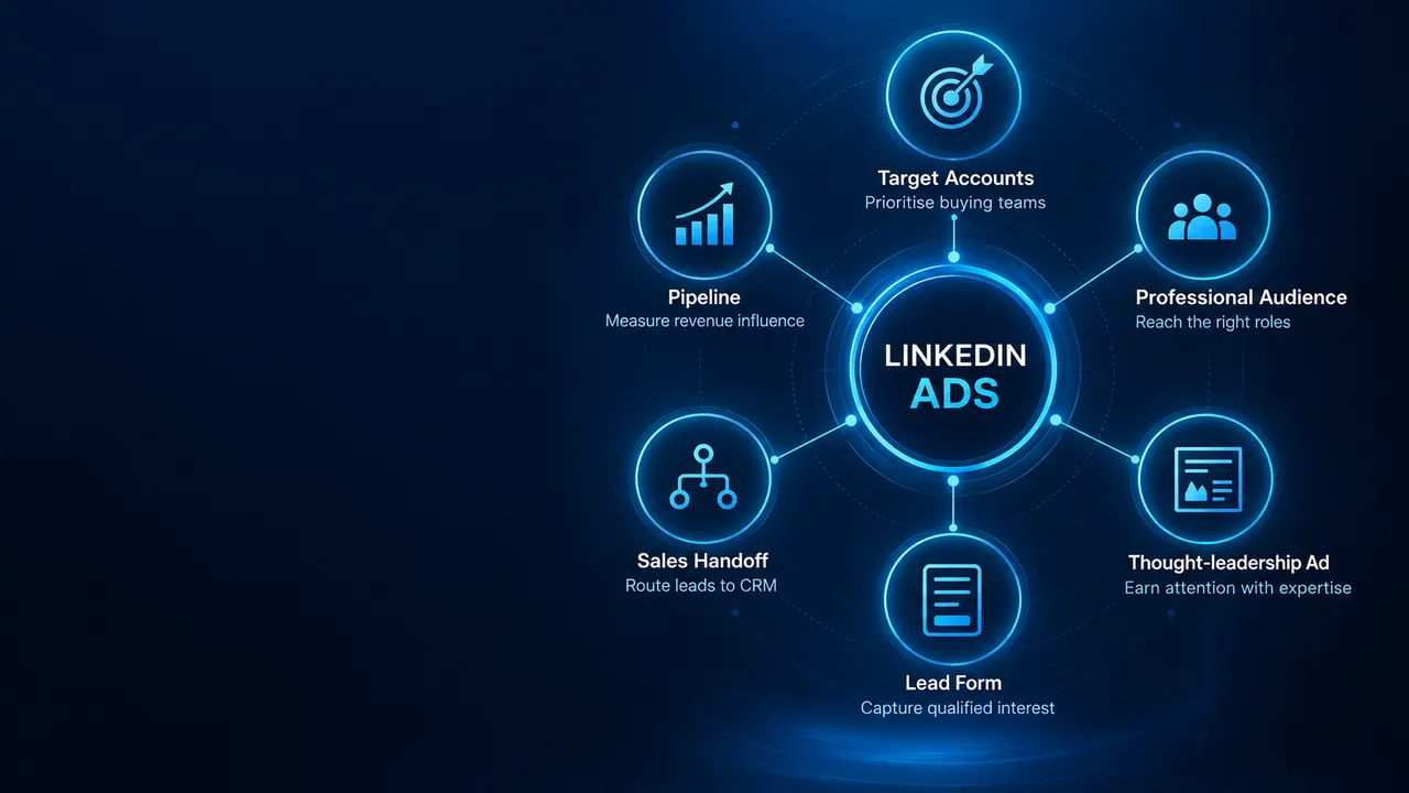 LinkedIn Ads Management: LinkedIn Ads B2B process showing target accounts, professional audience targeting, thought-leadership ads, lead forms, CRM handoff and pipeline