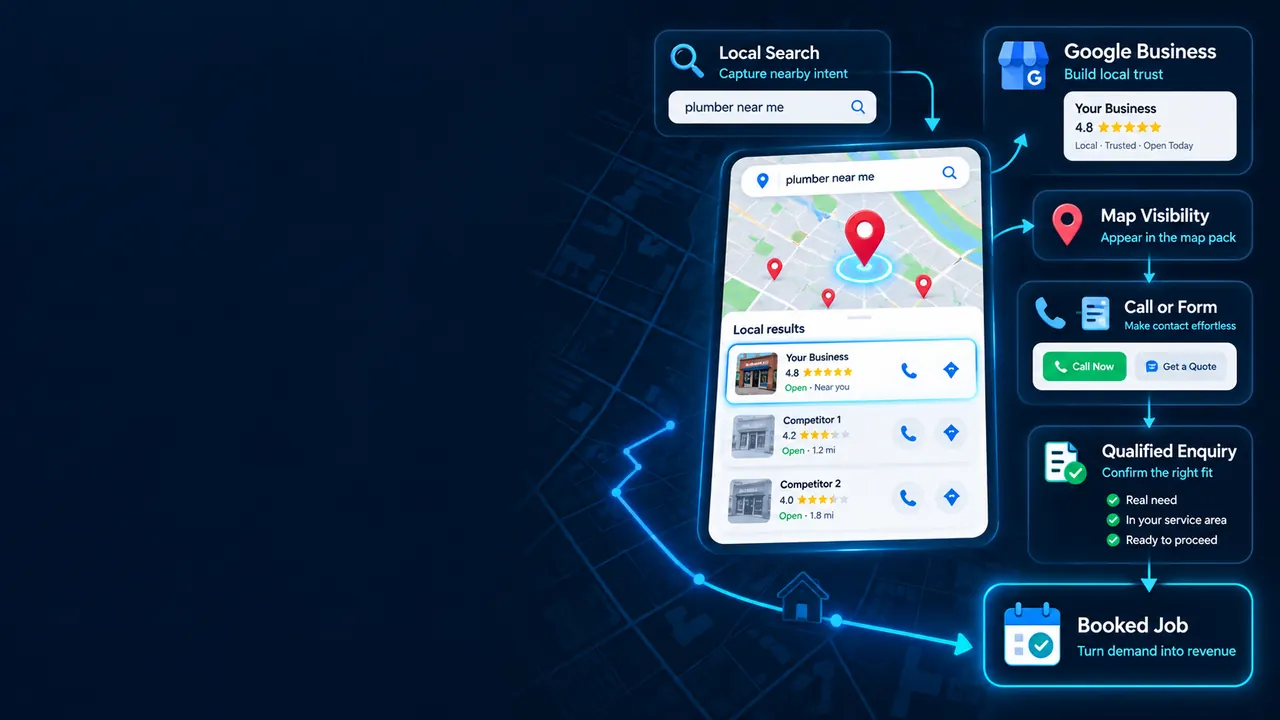 Local lead generation process showing local search, Google Business Profile, map visibility, calls or forms, qualified enquiries and booked jobs