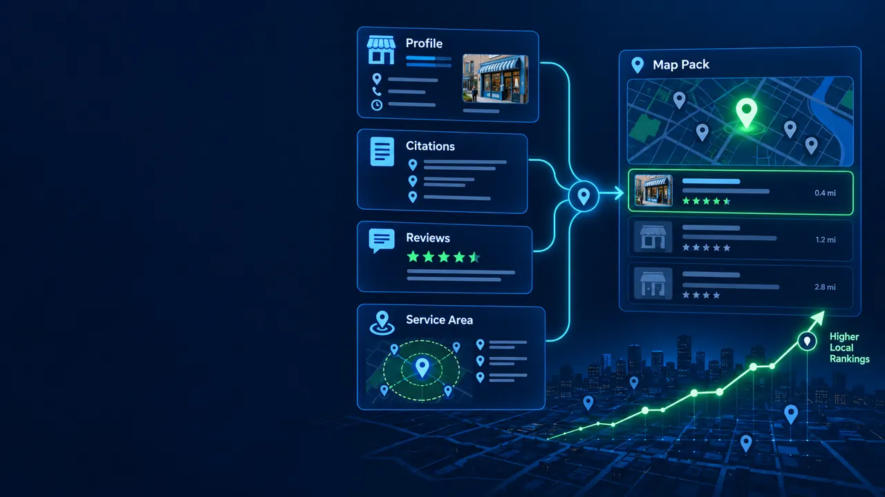 Local SEO process showing business profiles, local citations, customer reviews, service areas and Google Maps local pack rankings