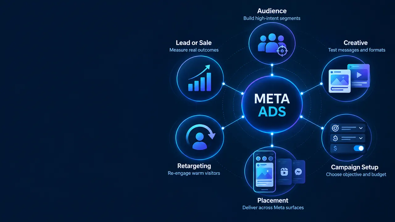 Facebook & Instagram Ads Management: Meta Ads campaign process showing audience building, creative testing, campaign setup, placement, retargeting and measurable leads or sales
