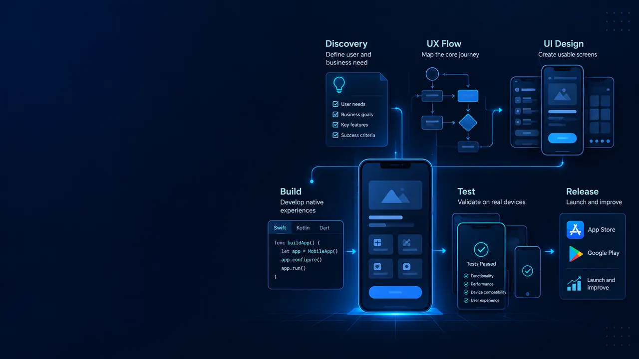Mobile app development process showing discovery, user experience flow, interface design, build, device testing and release