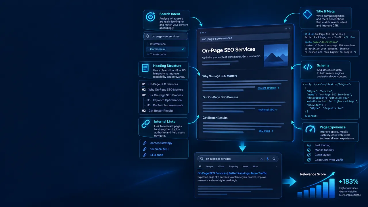 On-page SEO process showing search intent, metadata, heading structure, internal links, schema markup and improved search relevance