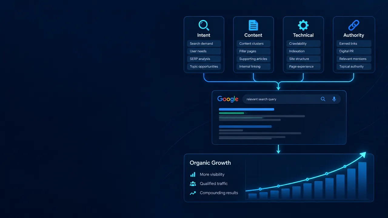Organic SEO process showing search intent research, content clusters, technical foundations, earned authority and organic visibility growth