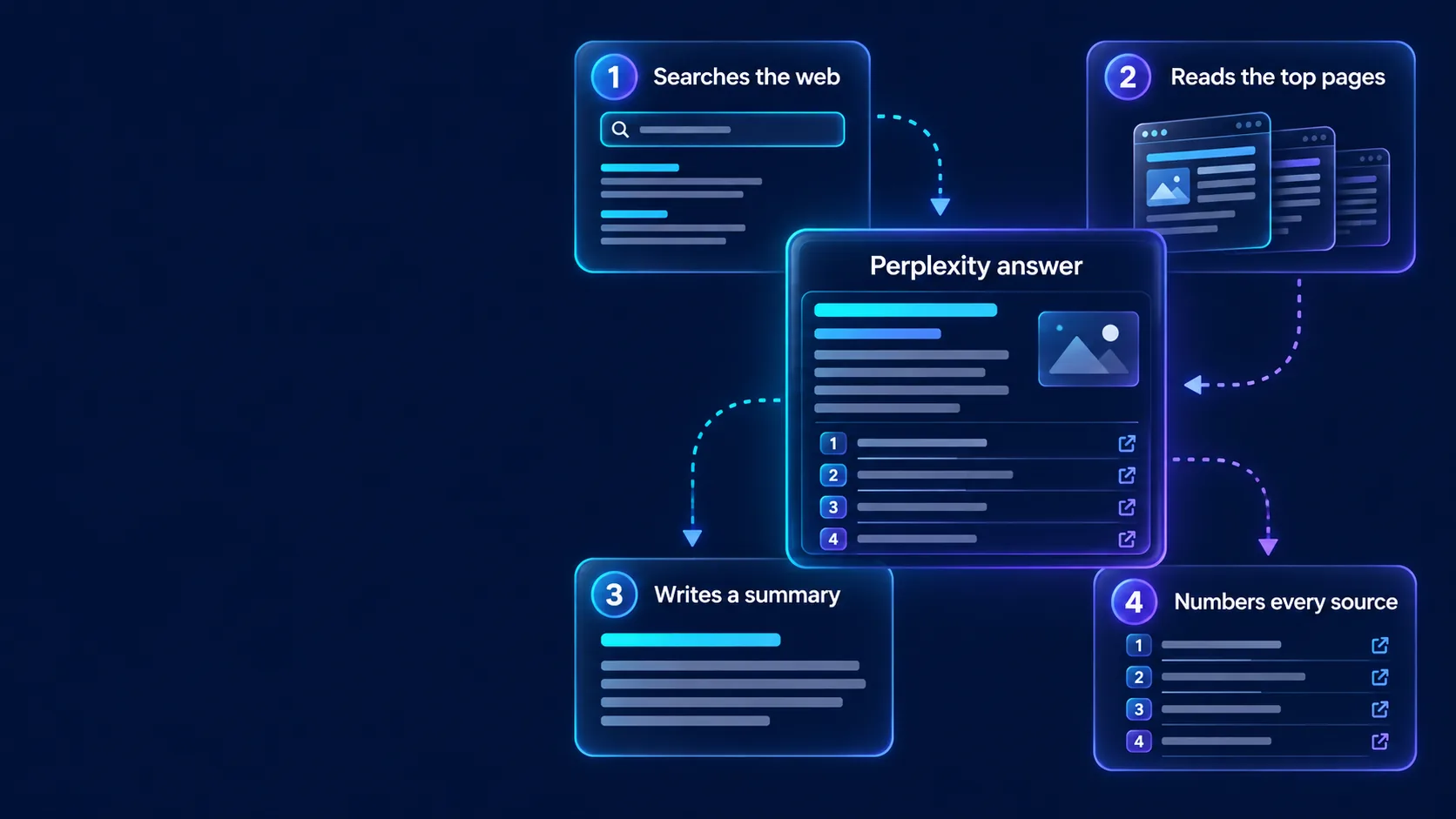 Perplexity answer process: web search, source reading, summary, and numbered sources.