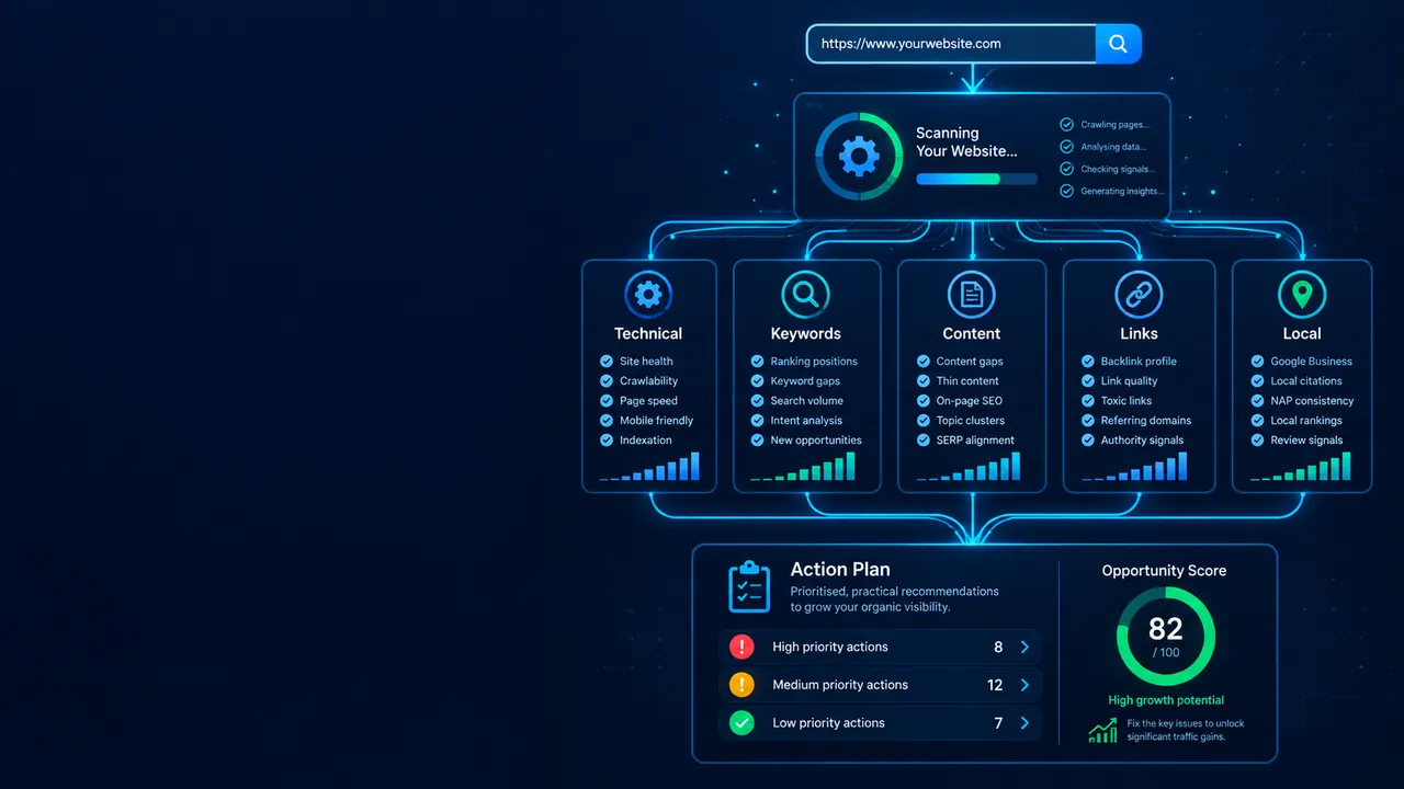 Free SEO Audit: SEO audit process showing a website scan across technical health, keywords, content, backlinks and local visibility with a prioritised action plan