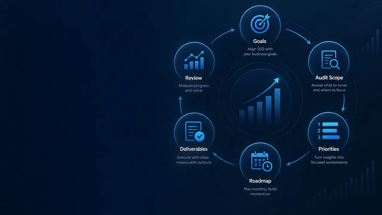 SEO Pricing & Packages: SEO pricing process showing goals, audit scope, priority workstreams, monthly roadmap, deliverables and transparent performance review