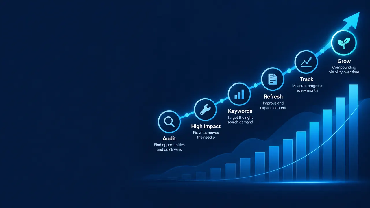 Small business SEO process showing business profiles, service and location pages, reviews, map pack rankings and phone calls