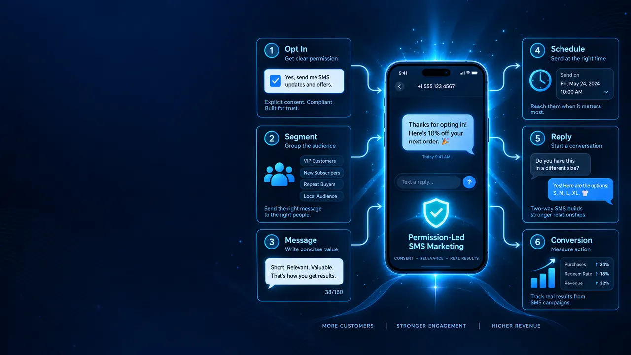 Permission-led SMS marketing process showing opt-in, segmentation, concise messaging, scheduling, replies and conversion