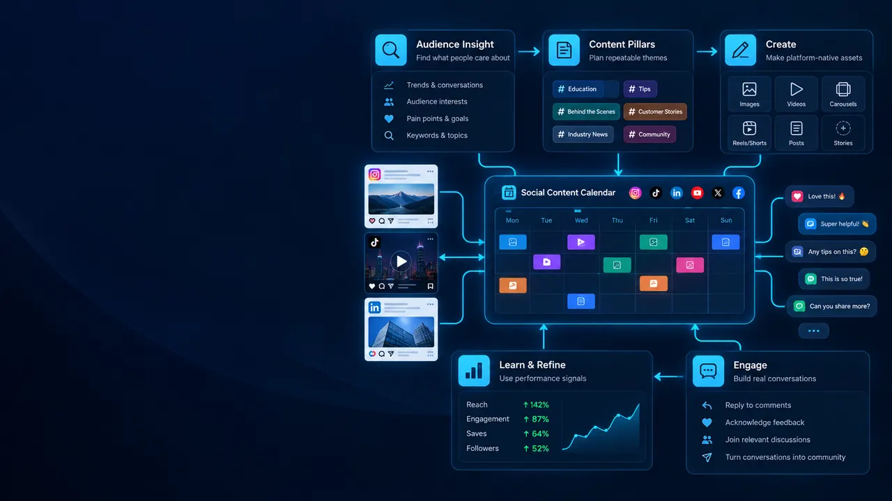 Social media marketing process showing audience insight, content pillars, creation, publishing, engagement and performance refinement