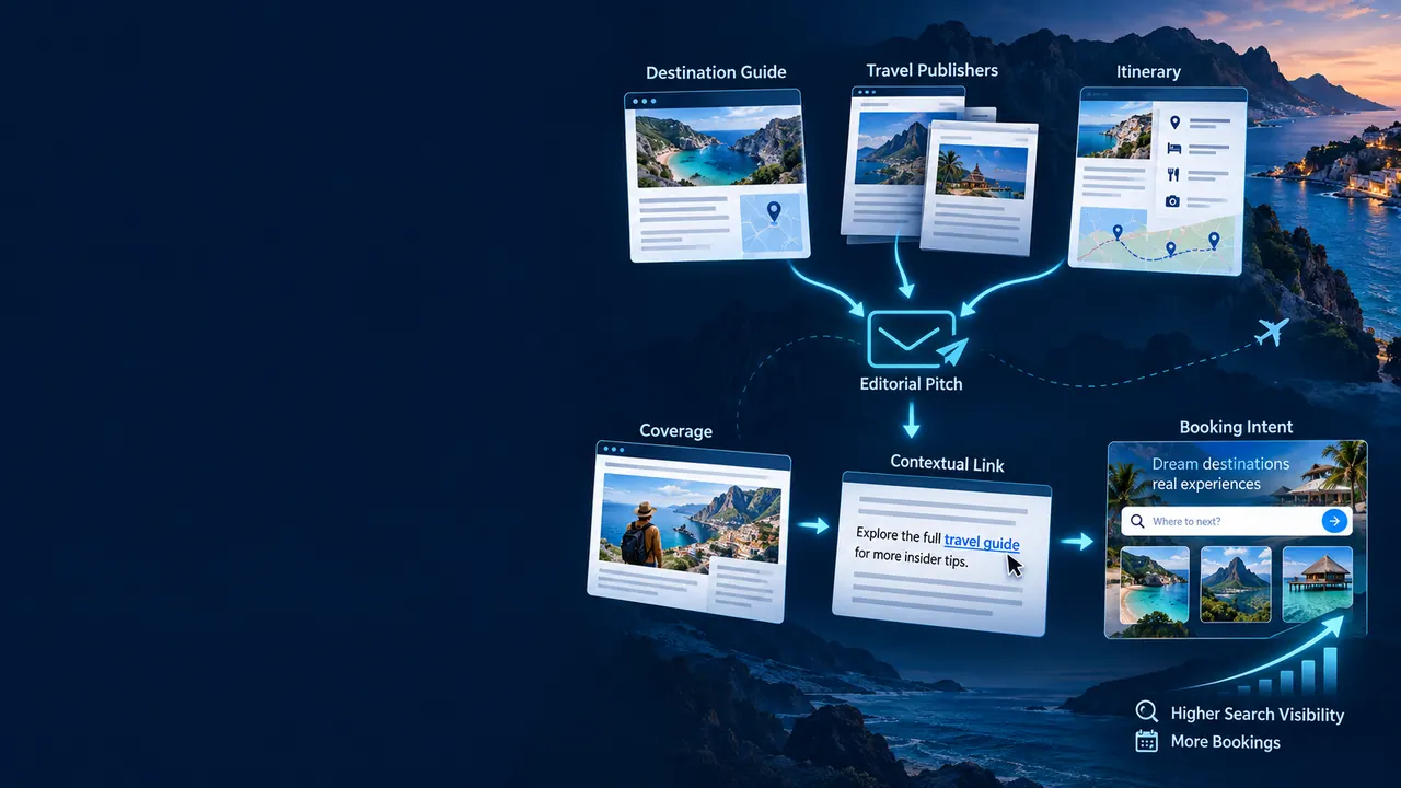 Travel Link Building Services: Travel backlink process showing destination guides, travel publisher outreach, itinerary content, editorial coverage and booking-intent visibility