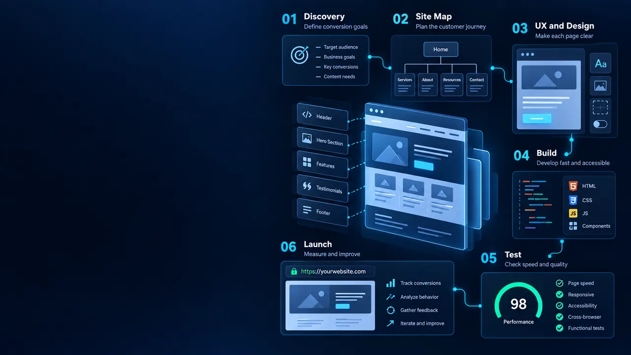 Website development process showing discovery, sitemap, user experience design, accessible build, quality testing and launch